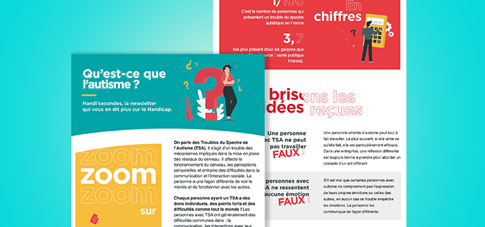 Mockup de la newsletter "Qu'est-ce que l'autisme", aperçu des articles rédigés.