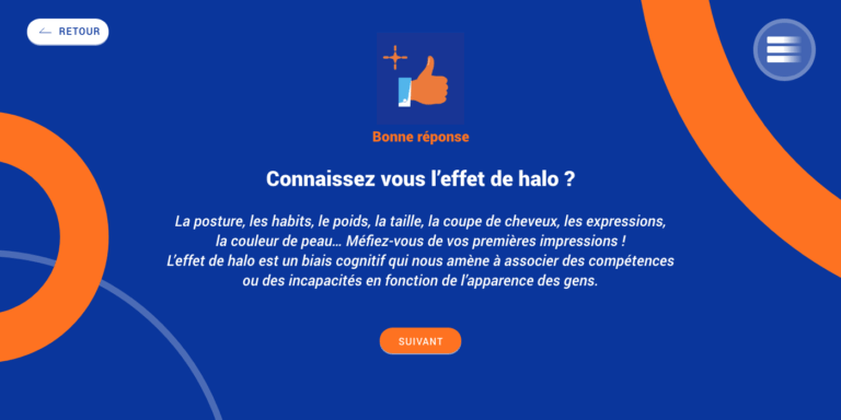 Ecran du microlearning Mission inclusion, avec une page réponse sur l'effet de halo