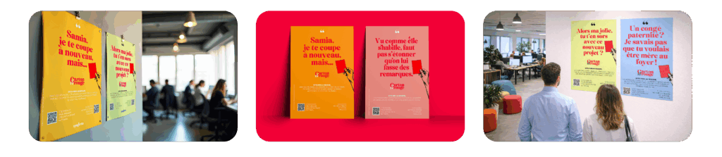 3 mockups des affiches Carton Rouge, mises 2 par 2 sur des murs