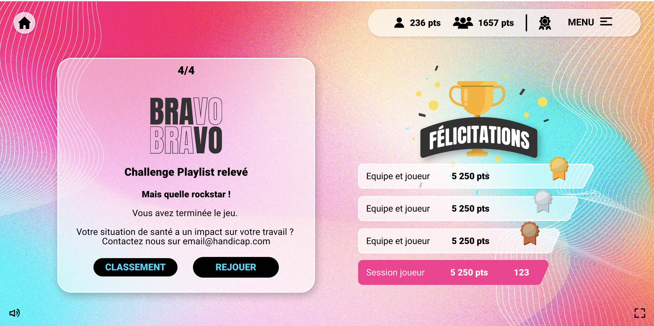 Ecran de fin du jeu Playlist, le blind test qui brise les stéréotypes sur le handicap au travail