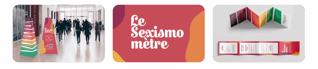 A gauche : le totem sexismomètre A droite : le dépliant sexismomètre