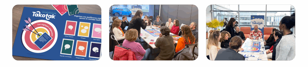 3 visuels de l'animation Takotak, dont le plateau à gauche et 2 salles de jeu au centre et à droite